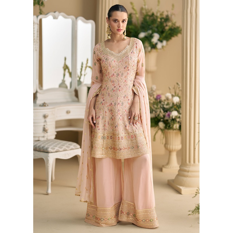 Peach Heavy Embroidered Wedding Wear Palazzo Suit