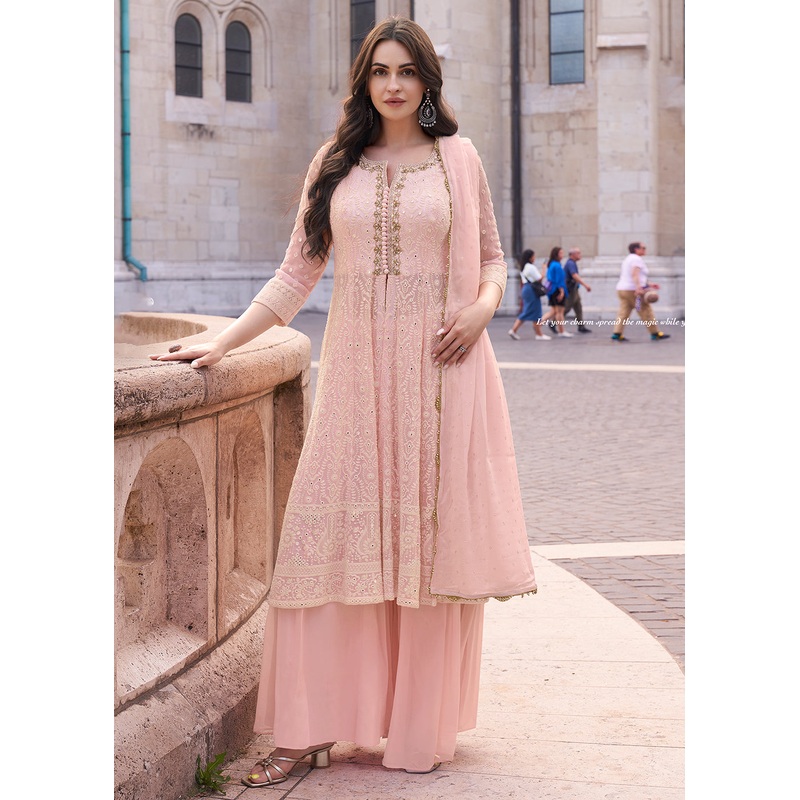 Pink Anarkali Style Embroidered Festive Sharara Suit