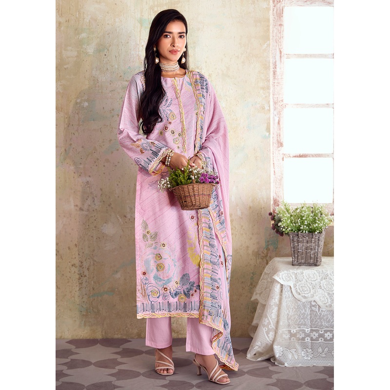 Pink Pure Linen Printed & Embroidered Pant Style Suit