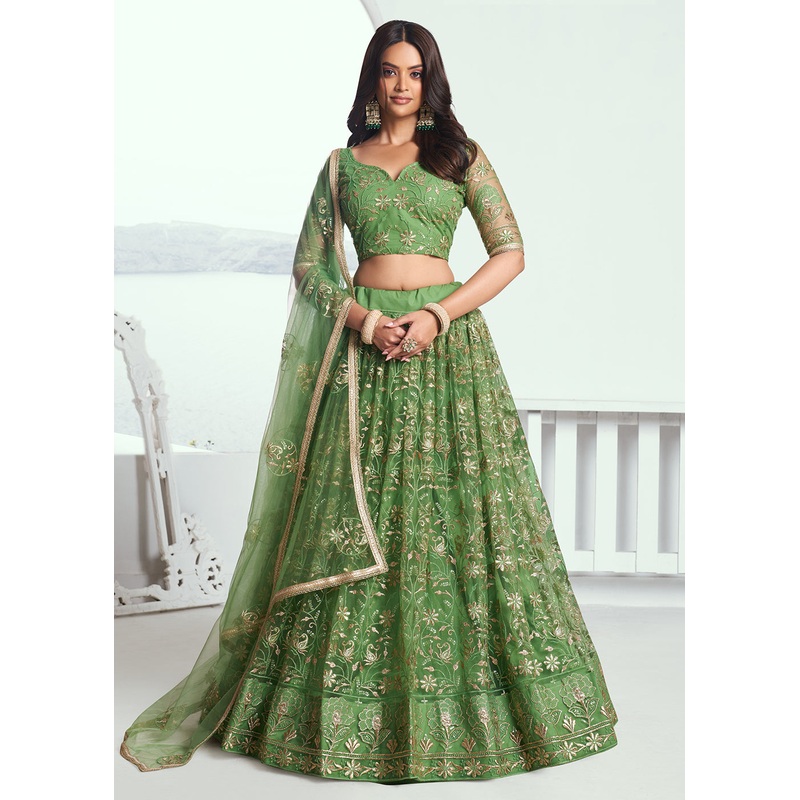 Pista Green Net Embroidered Wedding Festive Lehenga Choli