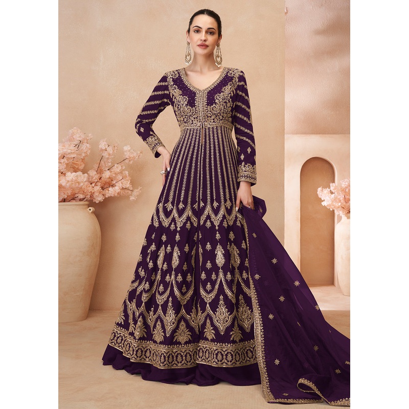 Plum Embroidered Slitted Skirt Style Anarkali Suit