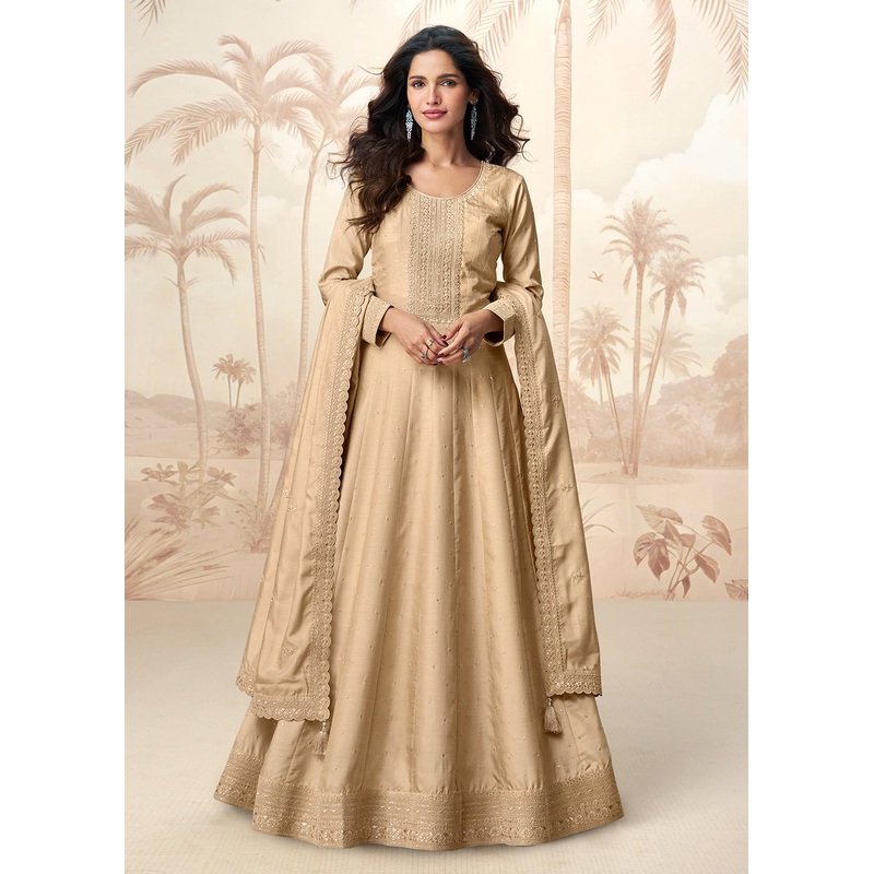 Premium Silk Beige Embroidered Wedding Wear Anarkali Suit