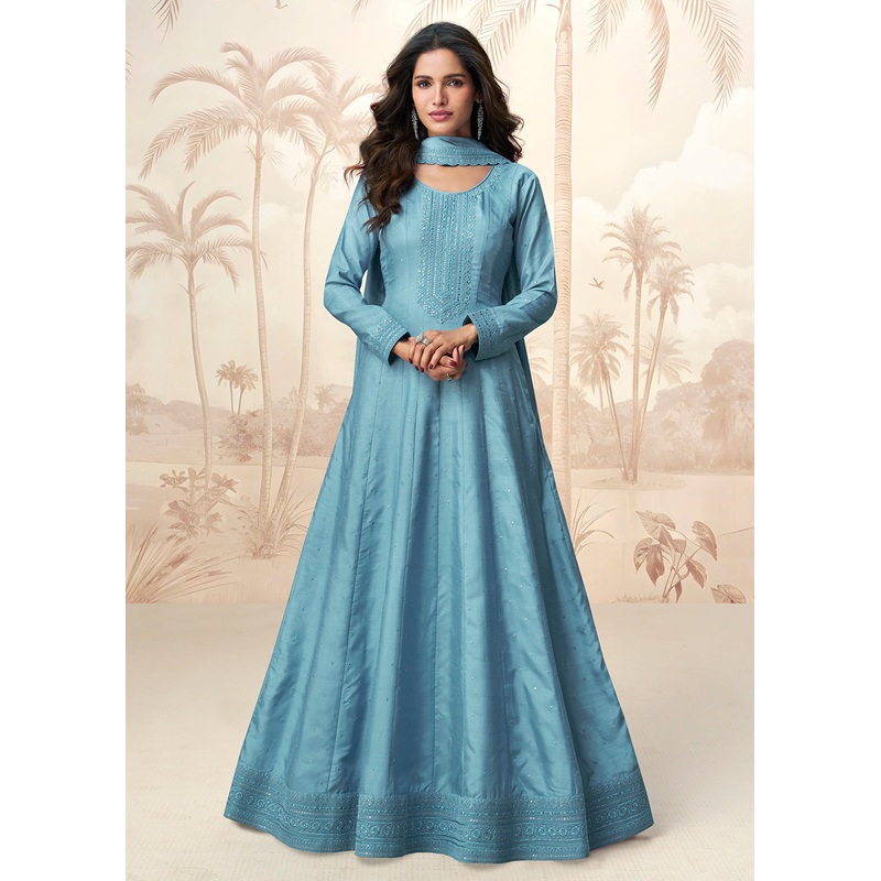 Premium Silk Blue Embroidered Wedding Wear Anarkali Suit