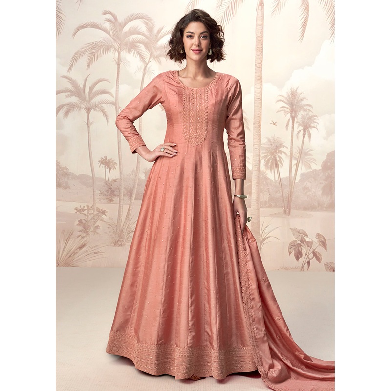 Premium Silk Peach Embroidered Wedding Wear Anarkali Suit