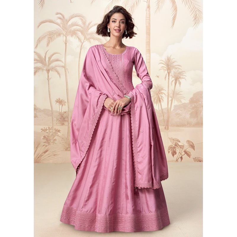 Premium Silk Pink Embroidered Wedding Wear Anarkali Suit