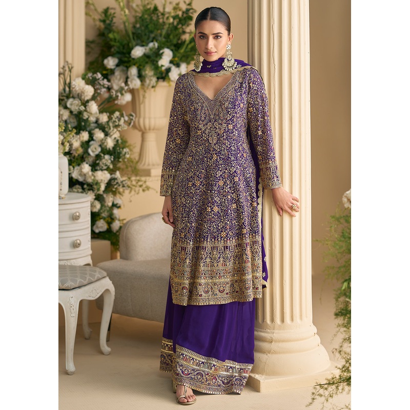 Purple Heavy Embroidered Wedding Wear Palazzo Suit