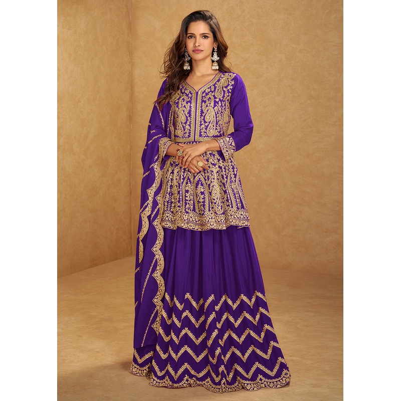 Purple Mirror & Sequins Embroidered Festive Lehenga Skirt Suit