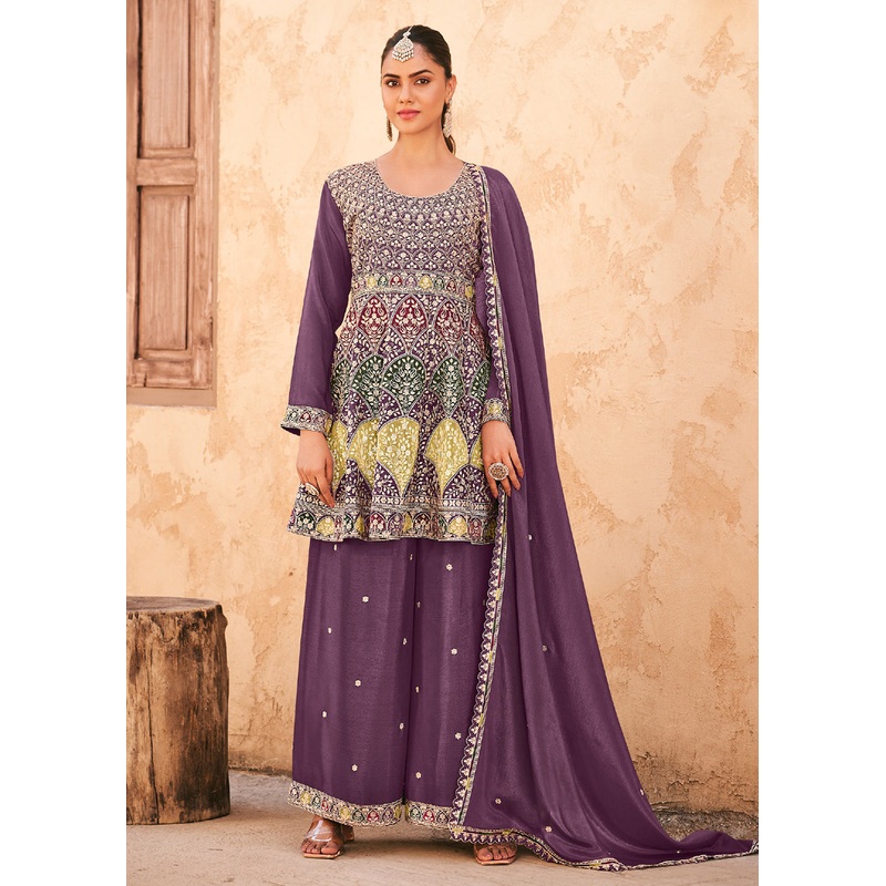 Purple Wedding Wear Embroidered Palazzo Style Suit