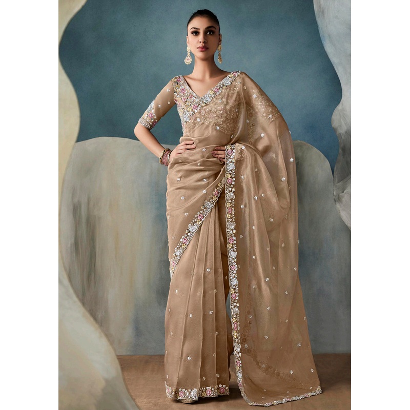 Radiant Beige Tissue Saree with Handcrafted Cutwork Border