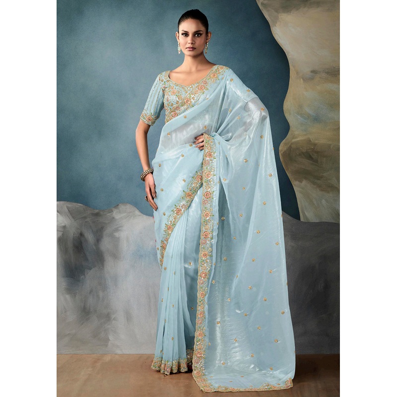 Radiant Blue Tissue Saree with Handcrafted Cutwork Border