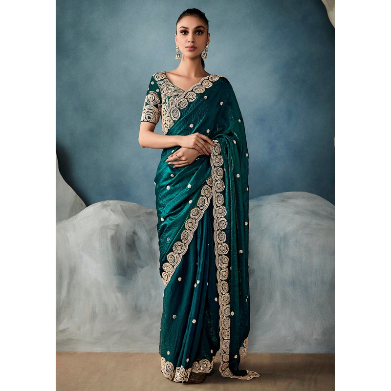 Radiant Green Tissue Saree with Handcrafted Cutwork Border