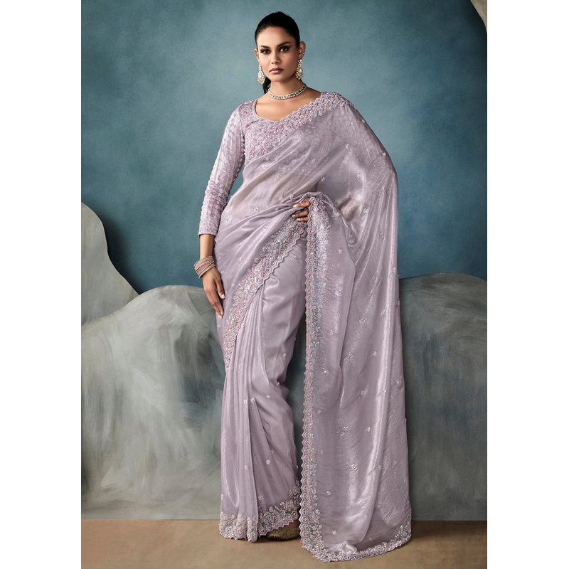 Radiant Lavender Tissue Saree with Handcrafted Cutwork Border
