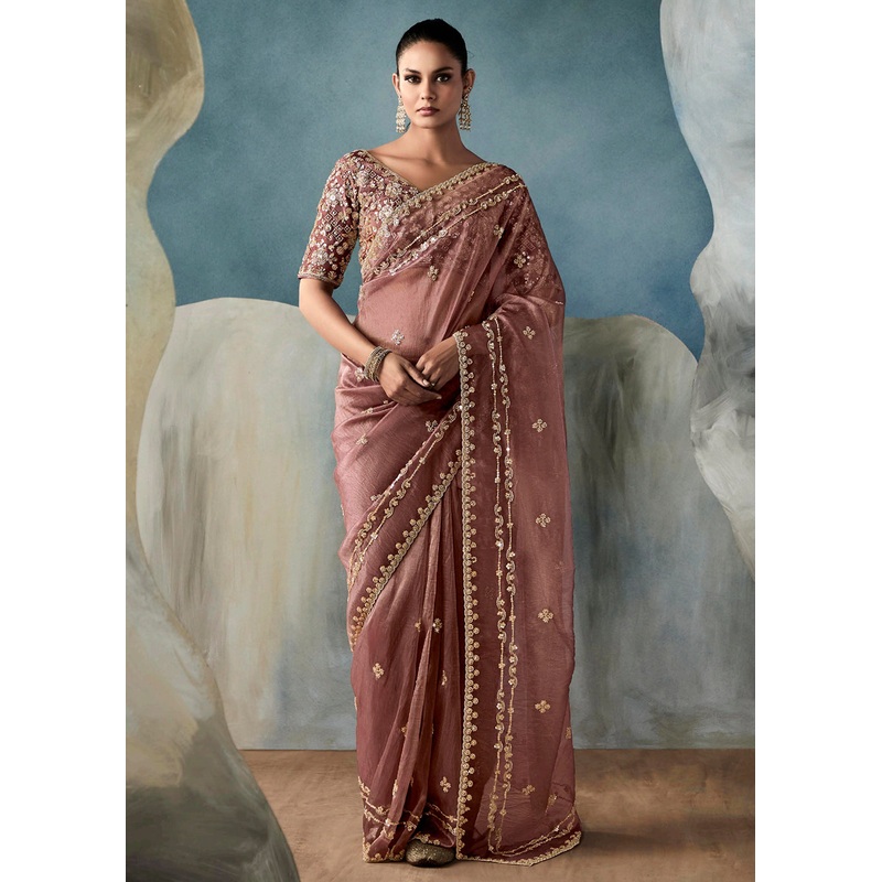 Radiant Mauve Tissue Saree with Handcrafted Cutwork Border