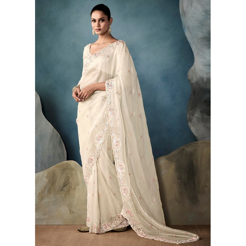 Radiant Off White Tissue Saree with Handcrafted Cutwork Border
