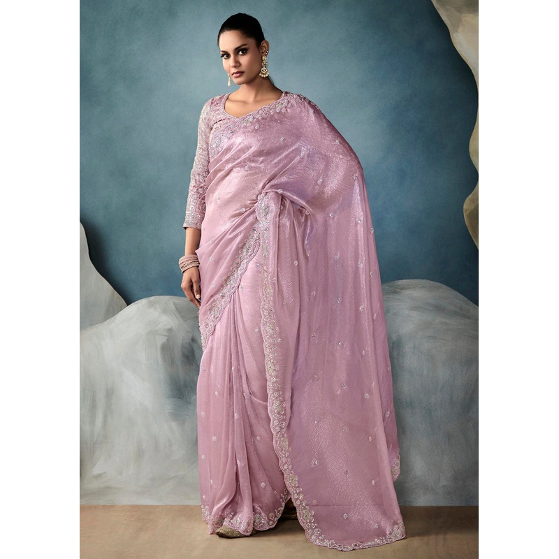 Radiant Pink Tissue Saree with Handcrafted Cutwork Border