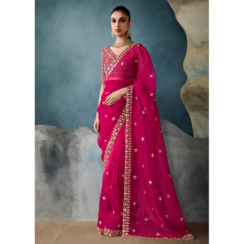 Radiant Rani Pink Tissue Saree with Handcrafted Cutwork Border