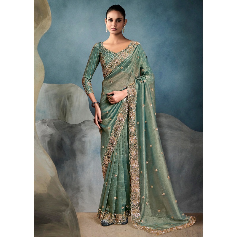 Radiant Teal Tissue Saree with Handcrafted Cutwork Border