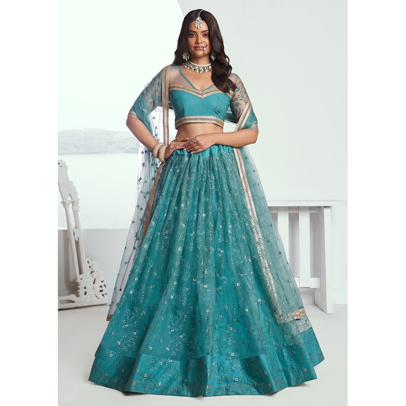 Rama Green Net Embroidered Wedding Festive Lehenga Choli