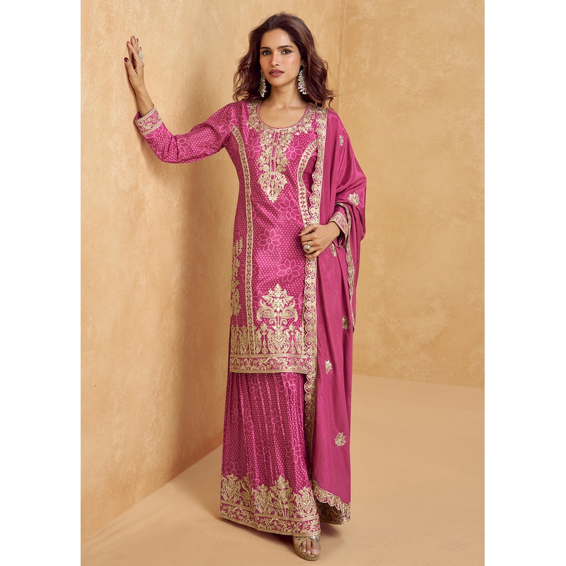 Rani Pink Embroidered Palazzo Dress for Festival & Wedding