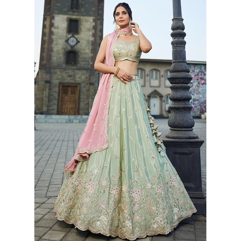 Satin Silk Embroidered Green Bridesmaids Lehenga Choli