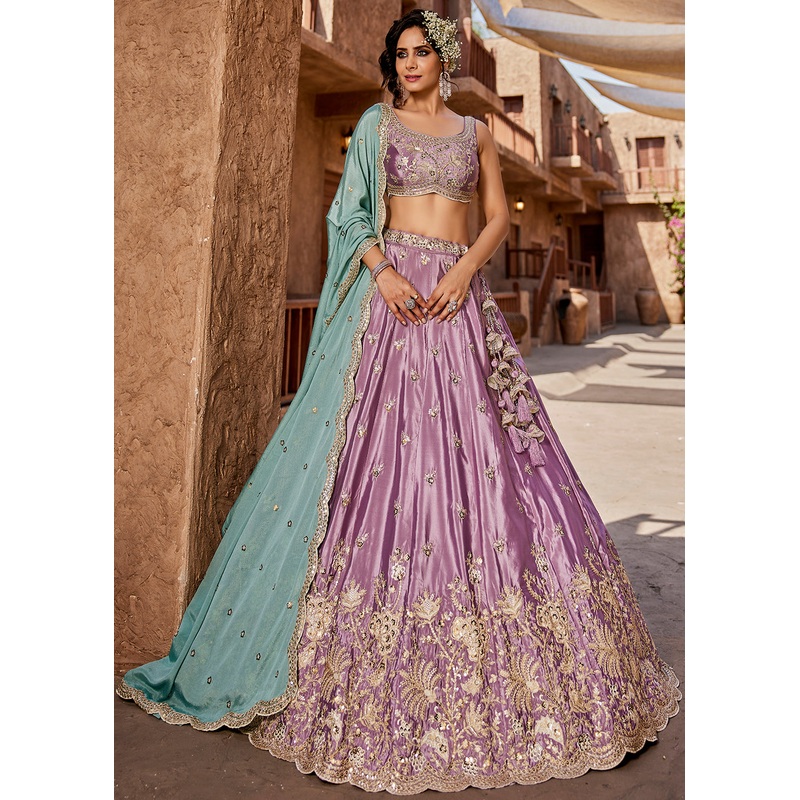 Satin Silk Embroidered Lavender Bridesmaids Lehenga Choli
