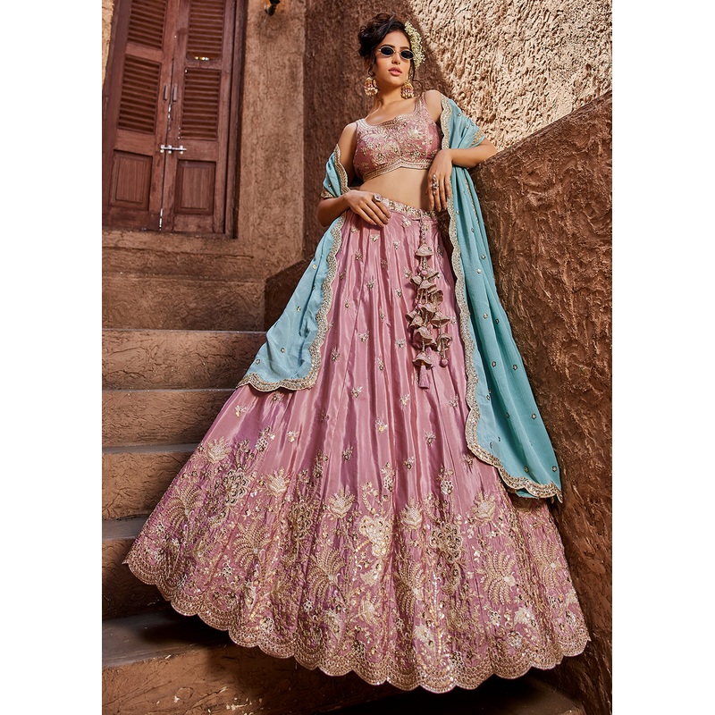 Satin Silk Embroidered Pink Bridesmaids Lehenga Choli