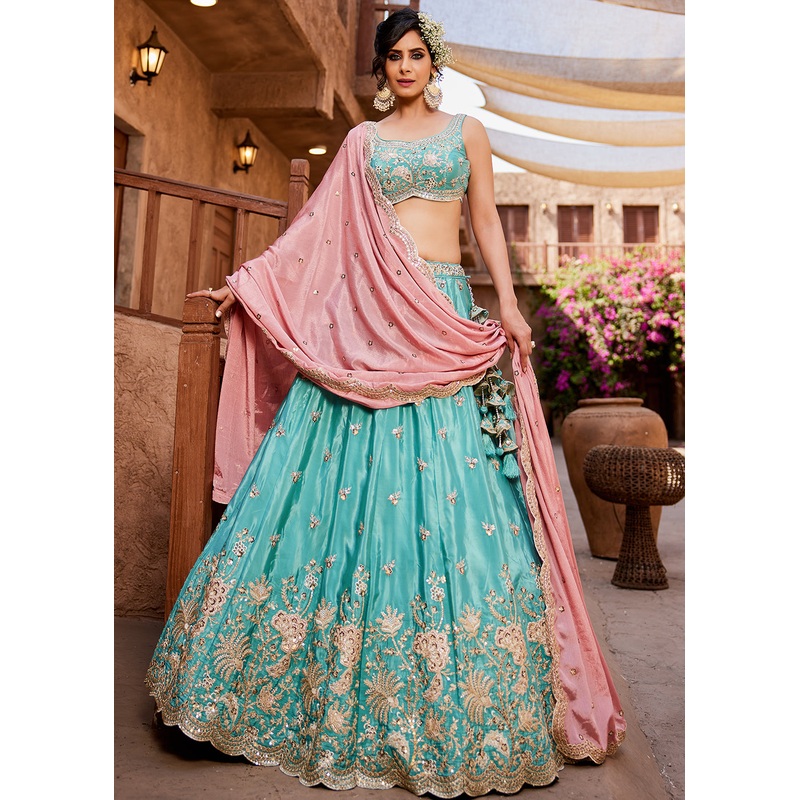 Satin Silk Embroidered Turquoise Bridesmaids Lehenga Choli