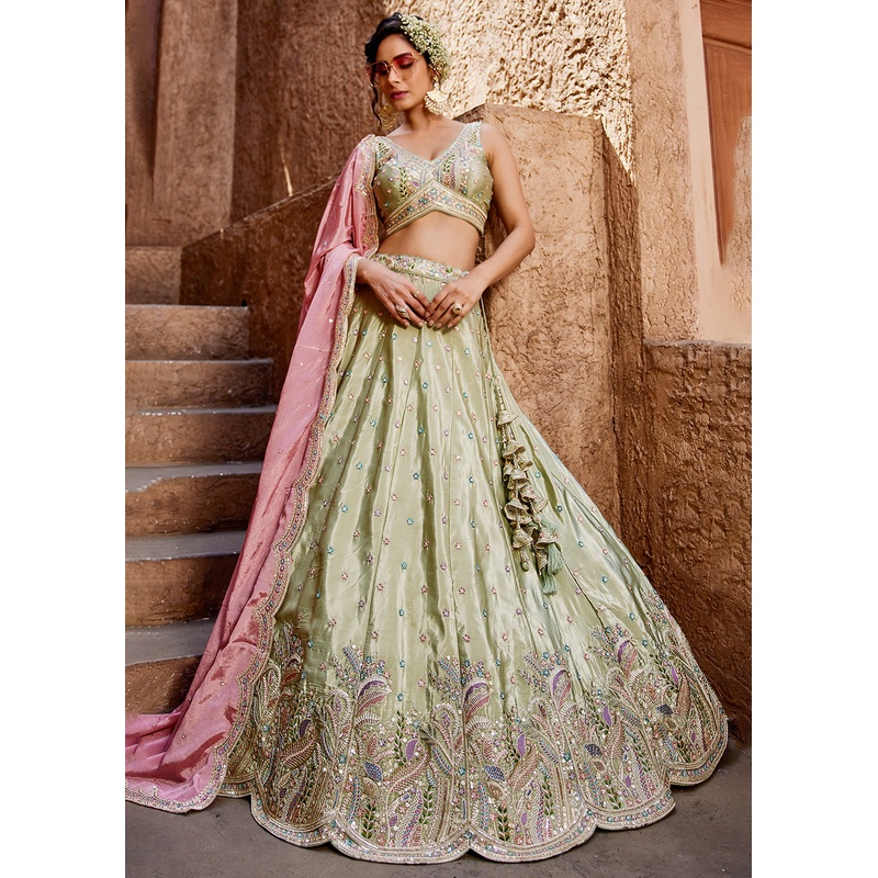 Sequins Embroidered Green Satin Silk Designer Lehenga Choli