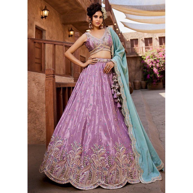 Sequins Embroidered Lavender Satin Silk Designer Lehenga Choli
