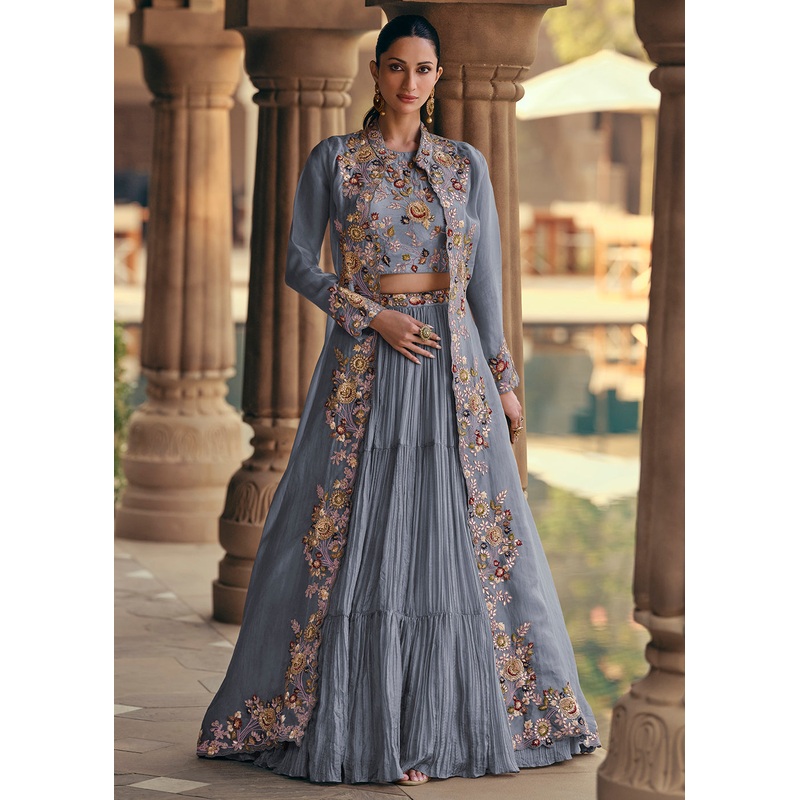 Tempting Grey Embroidered Designer Indo Western Dress