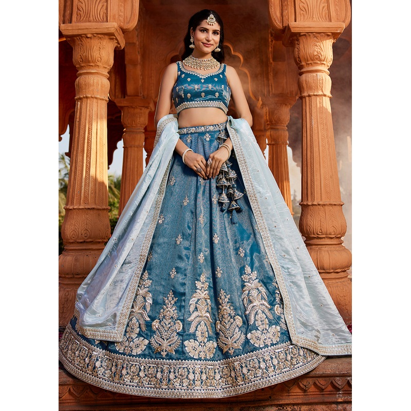 Tissue Fabric Blue Embroidered Designer Wedding Lehenga Choli