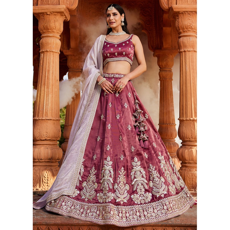 Tissue Fabric Burgundy Embroidered Designer Wedding Lehenga Choli