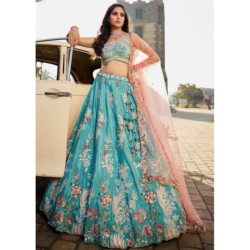 Turquoise Blue Satin Silk Embroidered Designer Lehenga Choli