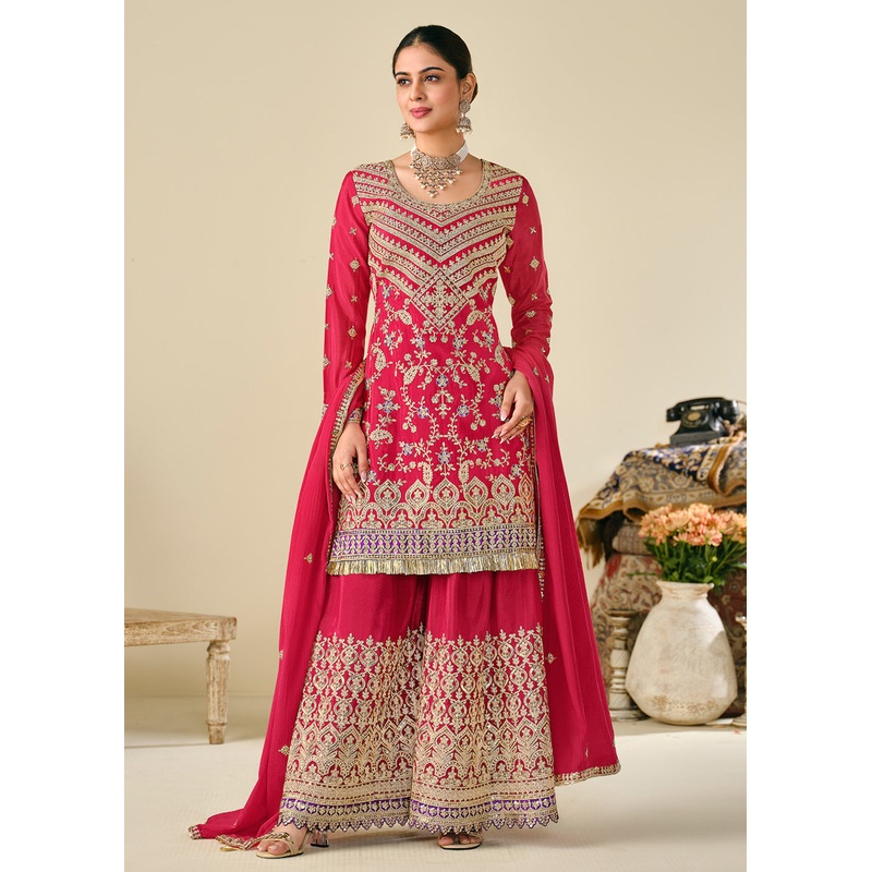 Wedding Festive Style Pink Embroidered Chinnon Suit