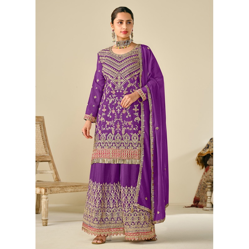 Wedding Festive Style Purple Embroidered Chinnon Suit