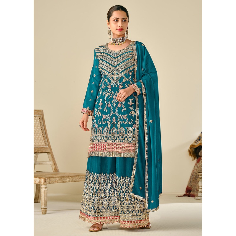 Wedding Festive Style Teal Embroidered Chinnon Suit