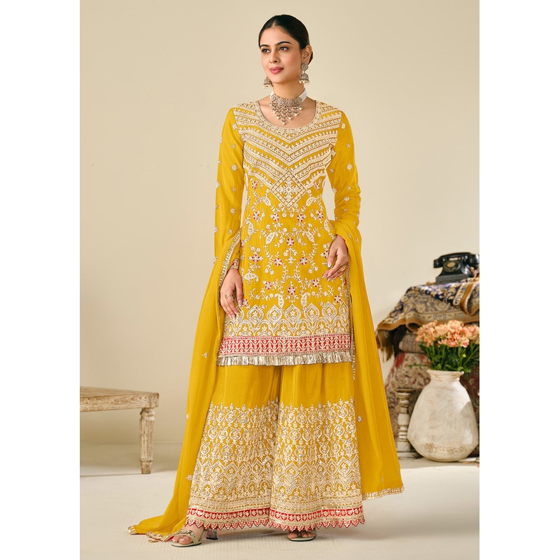 Wedding Festive Style Yellow Embroidered Chinnon Suit