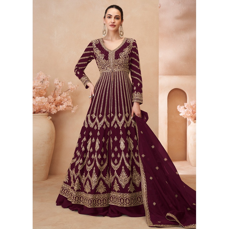Wine Embroidered Slitted Skirt Style Anarkali Suit