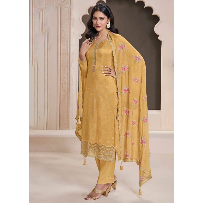 Yellow Moonga Silk Embroidered Festive Style Salwar Suit