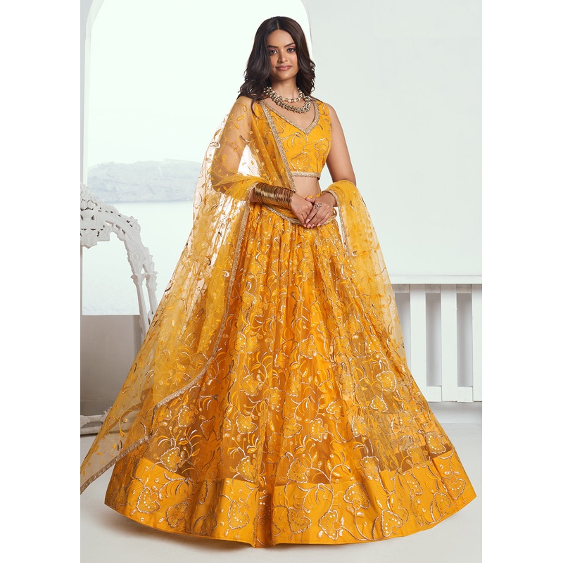 Yellow Net Embroidered Wedding Festive Lehenga Choli