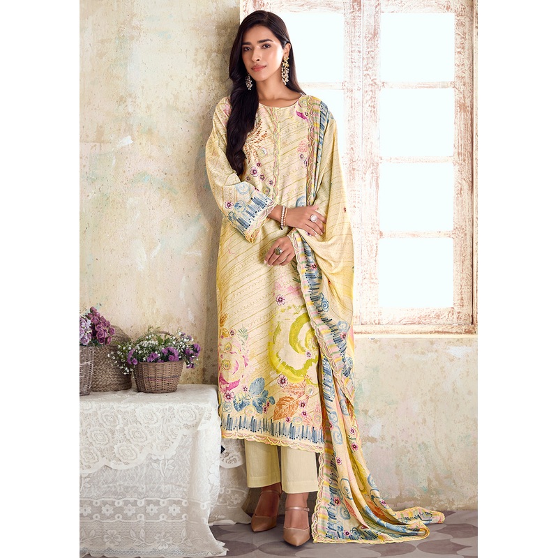 Yellow Pure Linen Printed & Embroidered Pant Style Suit