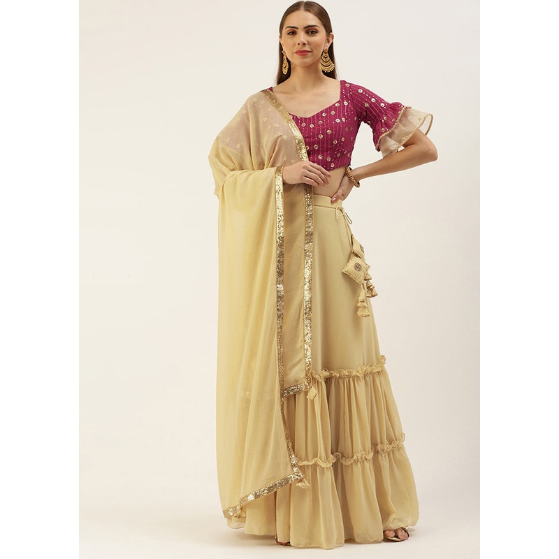 3 Pc Beige Georgette Readymade Lehenga Set - JD986615032