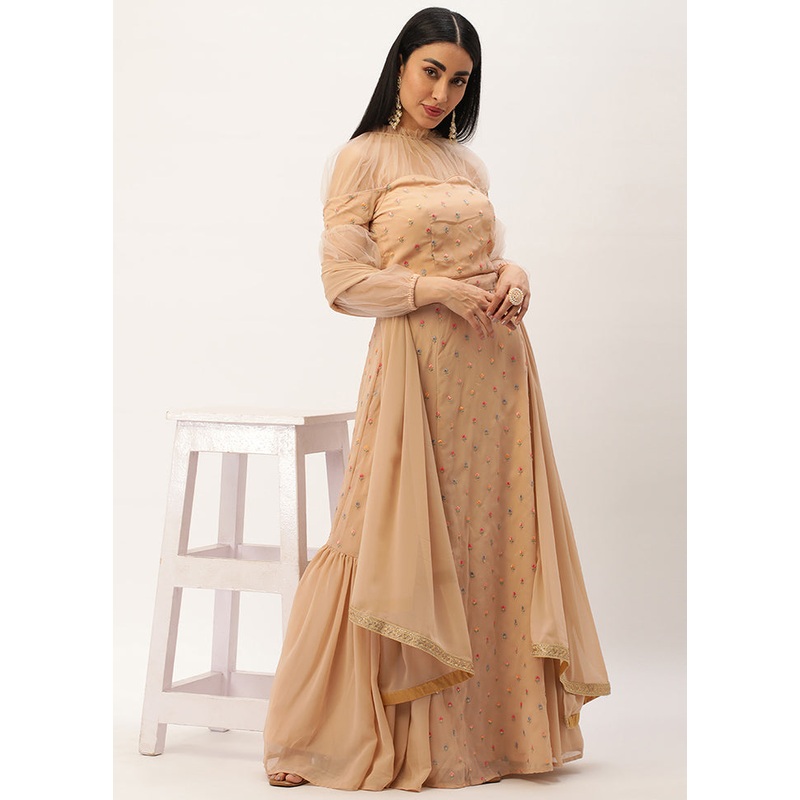 3 Pc Beige Georgette Readymade Lehenga Set - JD986615033