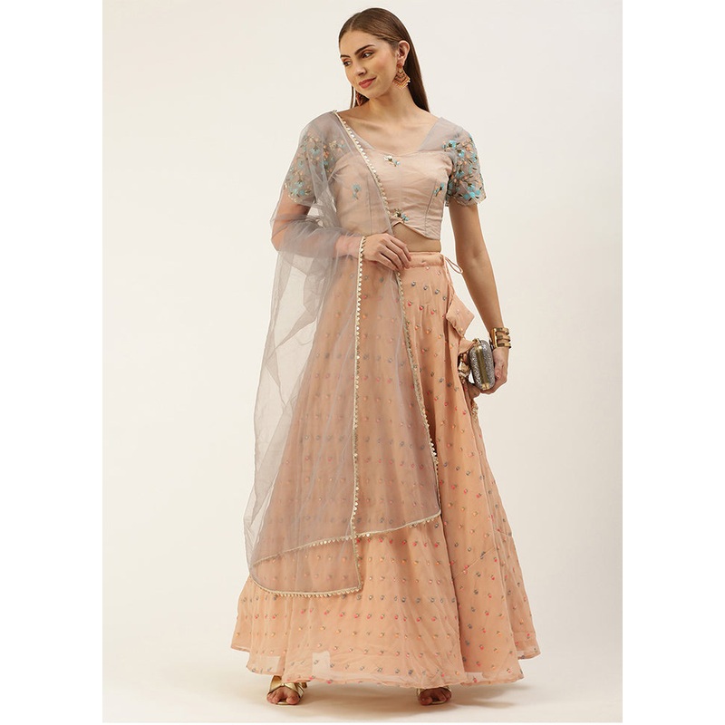 3 Pc Beige Georgette Readymade Lehenga Set - JD986615034