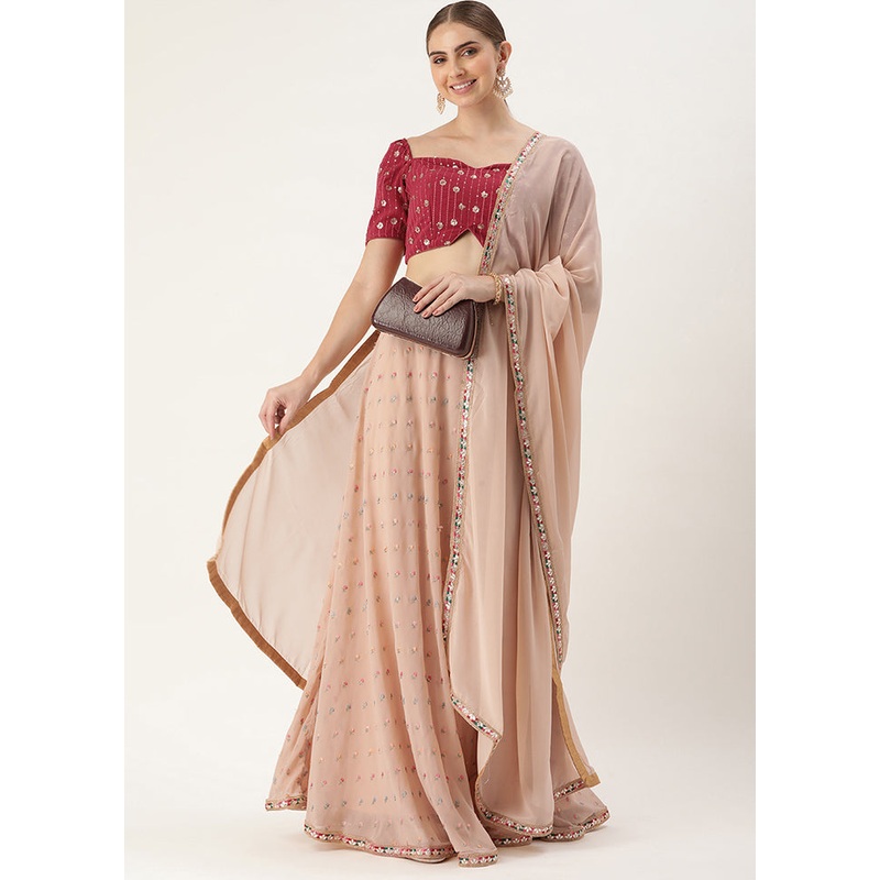 3 Pc Beige Georgette Readymade Lehenga Set - JD986615035