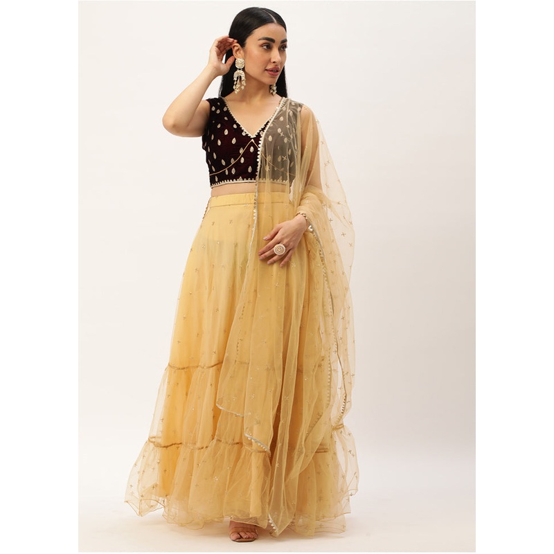 3 Pc Beige Net Readymade Lehenga Set - JD986614949