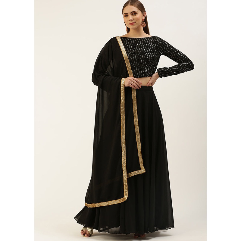 3 Pc Black Georgette Readymade Lehenga Set - JD986614948