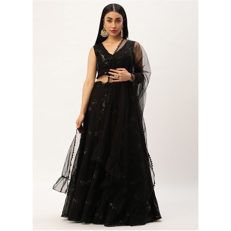 3 Pc Black Net Readymade Lehenga Set - JD986615030