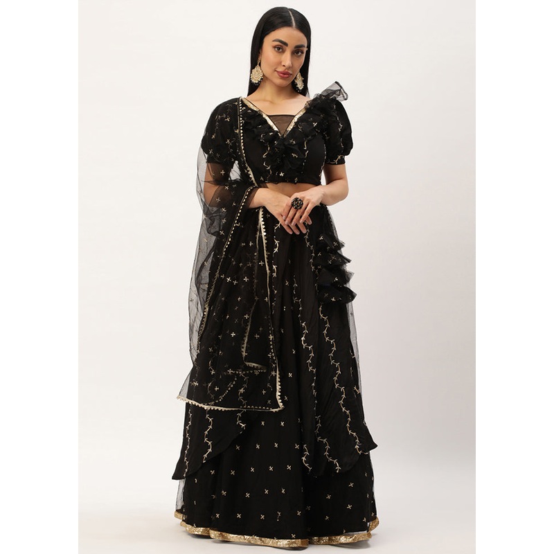 3 Pc Black Net Readymade Lehenga Set - JD986615031