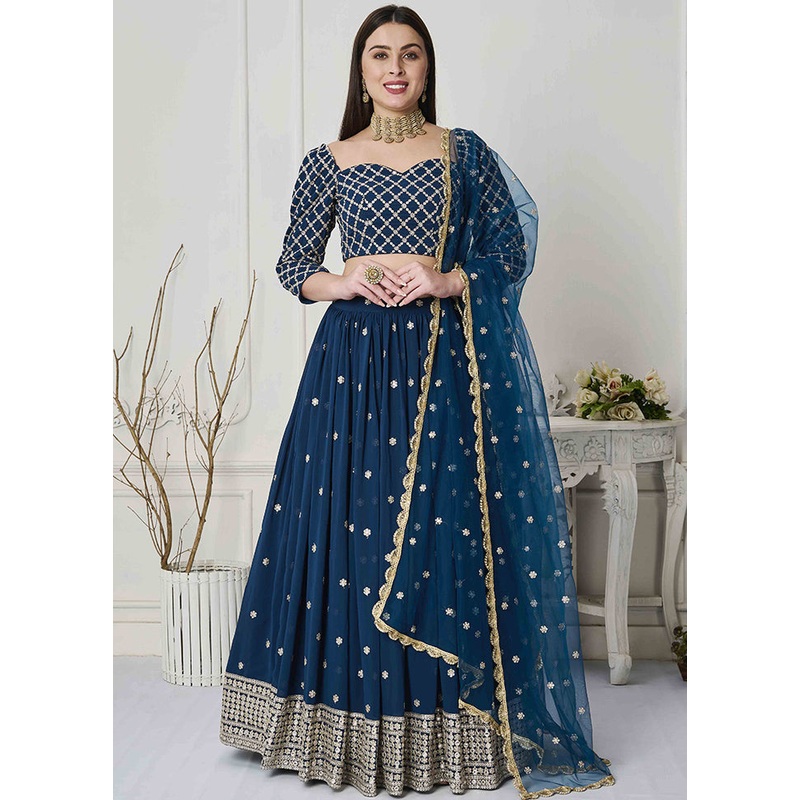 3 Pc Blue Georgette Readymade Lehenga Set - JD986615027